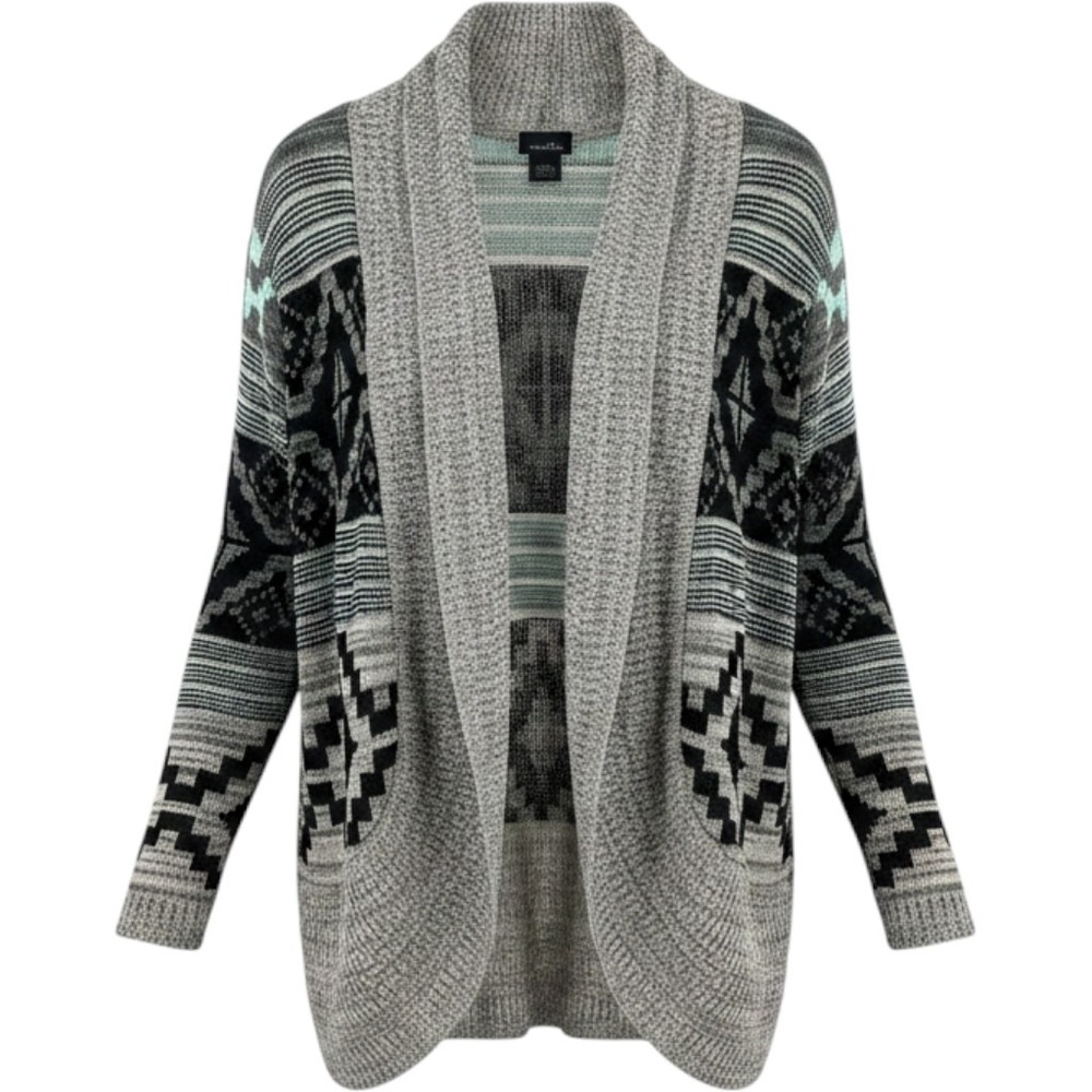 rue21 Aztec Open Front Cardigan Sweater Gray Teal Large